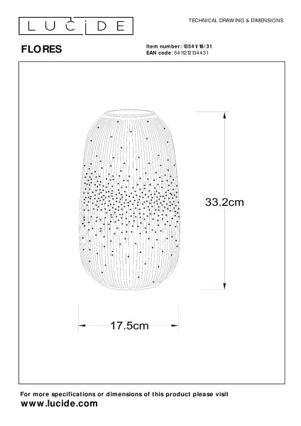 Lucide FLORES - Lámpara de mesa - Ø 17,5 cm - 1xE14 - Blanco - técnico